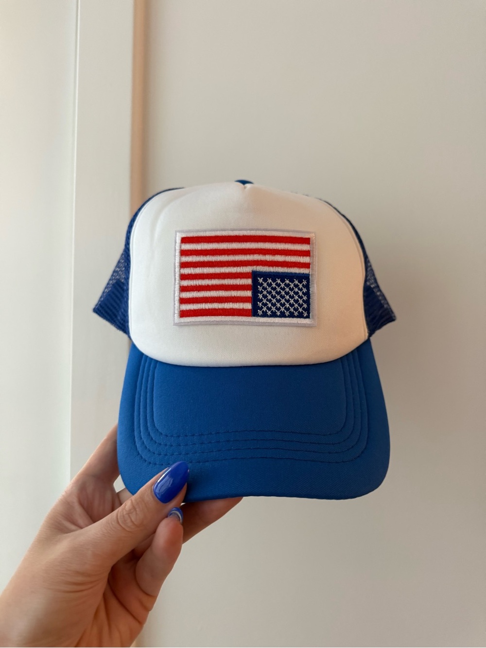 Blue and White Trucker Hat with American Flag Patch